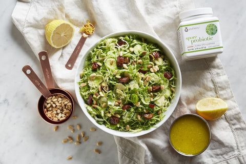 shaved brussels sprout salad in a bowl