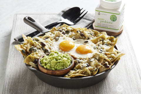 chicken chilaquiles with spore probiotic guacamole