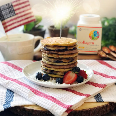 Patriotic pancakes stacked on a plate