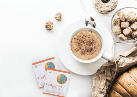 collagen coffee in a mug on kitchen counter