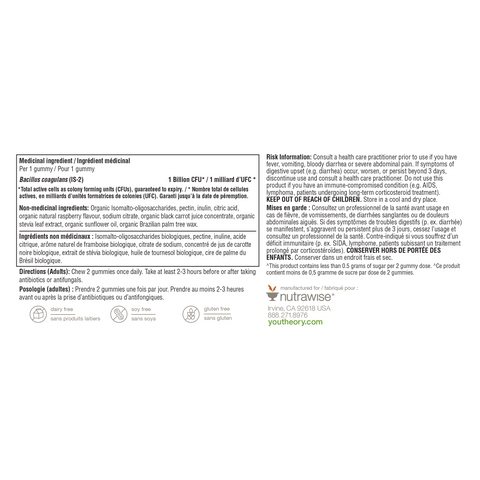31002271 Youtheory Probiotic Gummies - Zero Sugar, Raspberry, 60 ct 31002271_YT_Probiotic_ZeroSugar_Gummies_C3C_R2035_NFP
