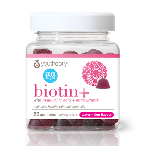 31002273 Youtheory Biotin+ Gummies - Zero Sugar Watermelon Flavour 60 Gummies 31002273_YT_Biotin+_ZeroSugar_Gummies_C3C_R2075_BTL_MAIN