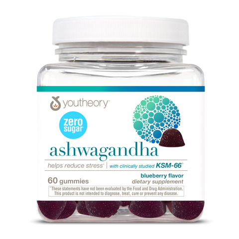 ASHG.92031 Youtheory Ashwagandha Gummies Blueberry Flavor 60 Gummies 92031_V1_Gums_blueberry_60CT_BTL_US_FRONT