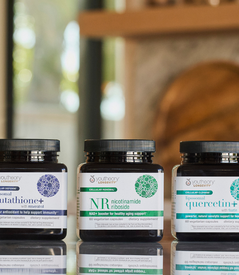 Decorative image of youtheory® longevity products featuring liposomal glutathione+, NR nicotinamide riboside, and liposomal quercetin+