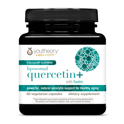 Bottle of youtheory liposomal quercetin+ with fisetin. Bottle contains 60 vegetarian capsules.