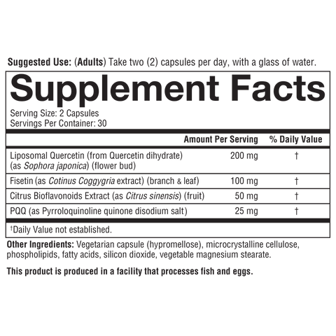 Image of youtheory liposomal quercetin+ with fisetin supplement facts panel.