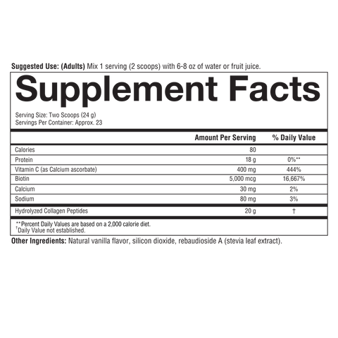 CP.00020 Youtheory Collagen Powder Vanilla Flavor 20 oz Nutrition Facts Panel