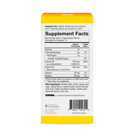 CTN.K2D3L.92030 Youtheory K2D3 Liquid Peach Flavor 12 ct Product Image - Back