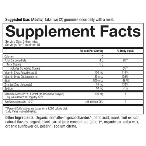 ISWG.00153.BTL Irish Sea Moss Zero Sugar Gummies Product Image - Nutrition Panel
