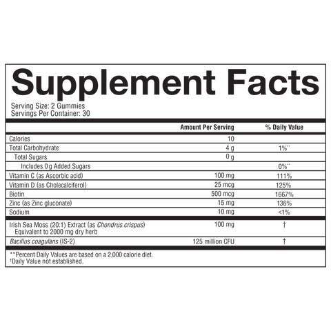 ISWG.00152 Irish Sea Moss Zero Sugar Gummies 60ct Nutrition Facts Panel Alt