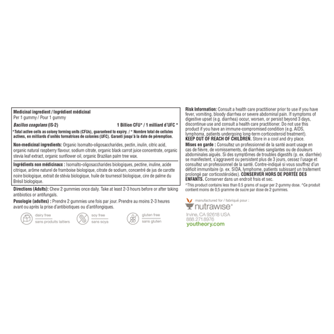 31002271 Youtheory Probiotic Gummies - Zero Sugar, Raspberry, 60 ct Nutrition Facts Panel