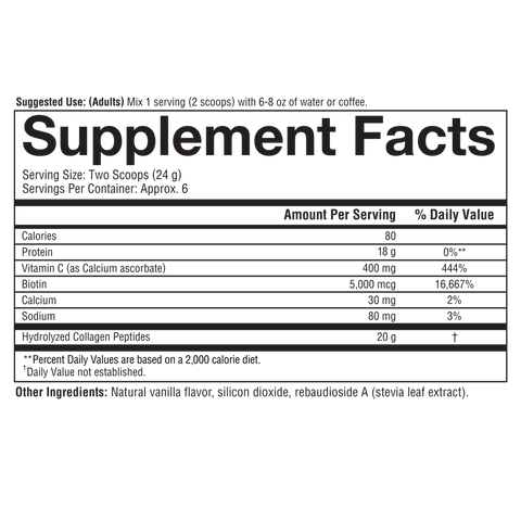 CP.00376 Youtheory Collagen Powder Vanilla Flavor 4.7 oz Nutrition Facts Panel