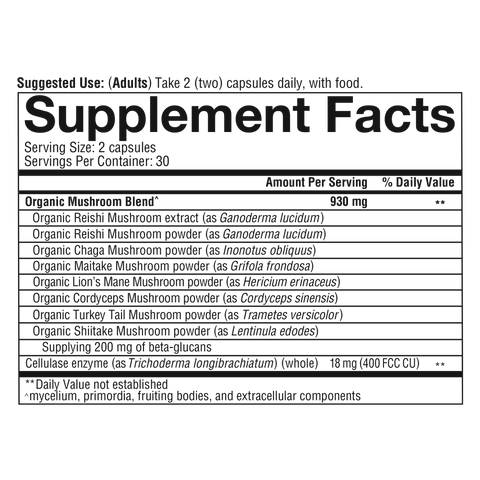 MCP.92075 Youtheory Mushroom Immune Complex 60 Capsules Nutrition Facts Panel