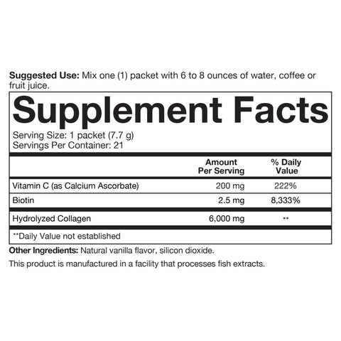 CTN.CP.00705 Youtheory Collagen Powder Packet Vanilla Flavor 21 ct Nutrition Facts Panel