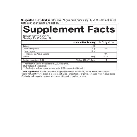 SPBG.92072 Youtheory Spore Probiotic Gummy Raspberry Flavor 60 Gummies Nutrition Facts Panel