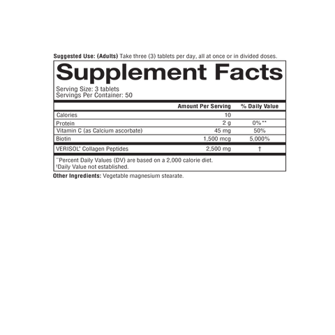CC.00105.BTL Youtheory Concentrated Effect Collagen with Verisol Tablets Product Image - Nutrition Panel