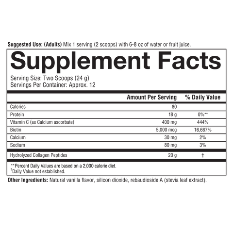 CP.00322 Youtheory Collagen Powder Vanilla Flavor 10 oz Nutrition Facts Panel