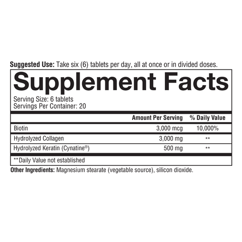 HACC.00784 Youtheory Hair Collagen + 120 Tablets Nutrition Facts Panel