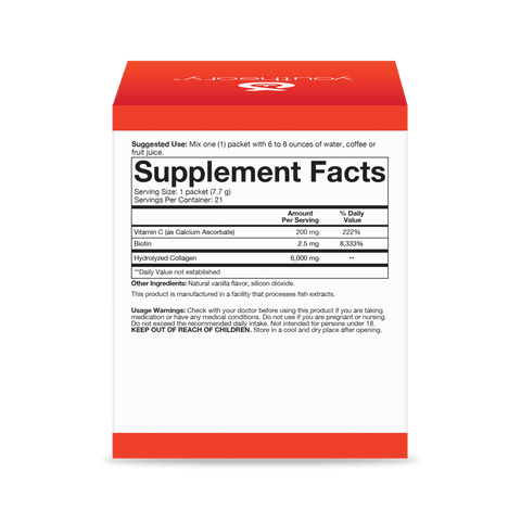 CTN.CP.00705 Youtheory Collagen Powder Packet Vanilla Flavor 21 ct Nutrition Facts Panel