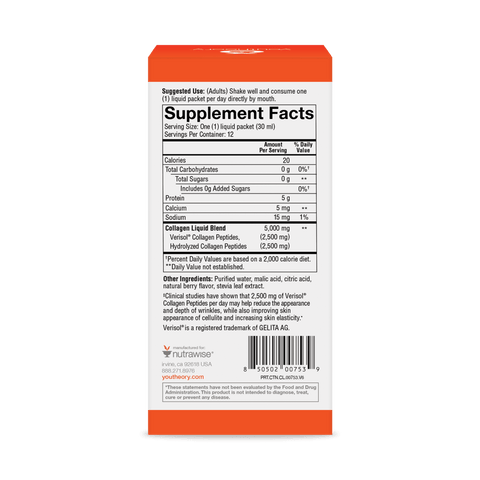 CL.00753 Youtheory Collagen Liquid Berry Flavor 12 ct Nutrition Facts Panel