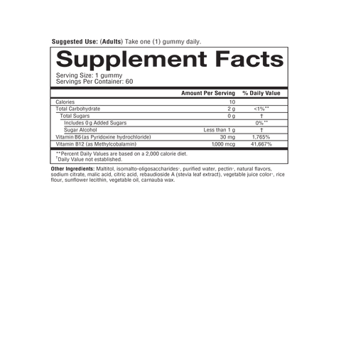 B12B6G.92032 Youtheory B12B6 Zero Sugar Gummies 60ct Nutrition Facts Panel