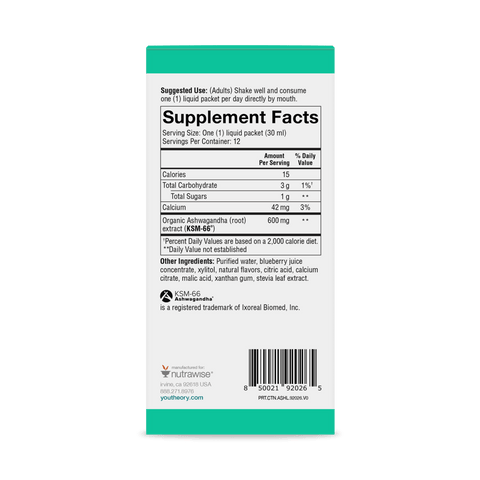 CTN.ASHL.92026 Youtheory Ashwagandha Liquid Blueberry Flavor 12 ct Nutrition Facts Panel