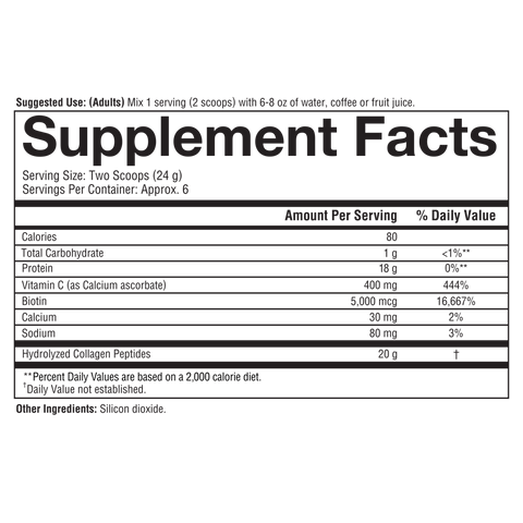 CPU.00761 Youtheory Collagen Powder Unflavored Flavor 4.7 oz Nutrition Facts Panel