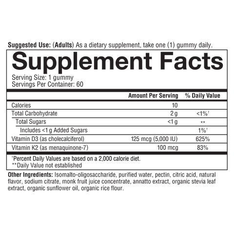 K2D3G.92033 Youtheory Vitamin K2D3 Gummy Peach Flavor 60 Gummies Nutrition Facts Panel
